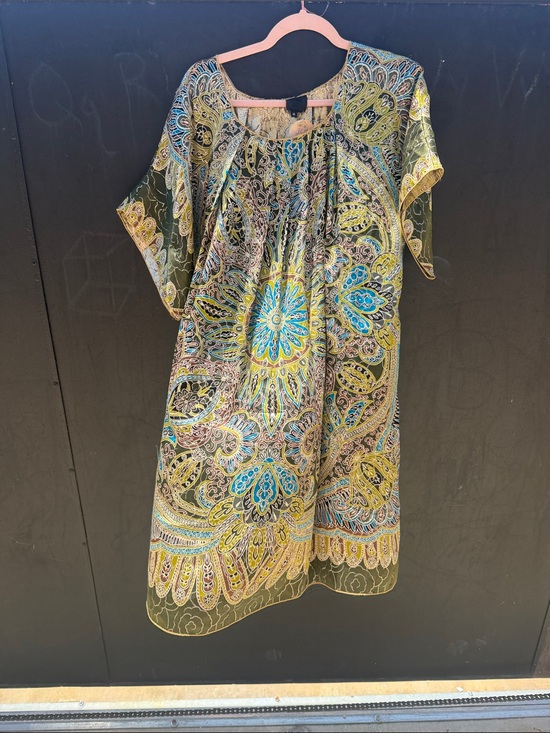Anna Sui Dresses & Skirts - Anna Sui Vtg lamé Olive, chartreuse & Teal Paisley Medallion Dress tunic pockets
